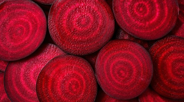 Vibrant cross sections of freshly sliced red beetroot displaying organic concentric rings in a high contrast macro food photography composition