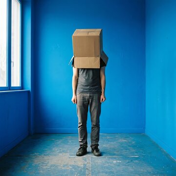 Man with cardboard box over head in blue room, anonymity concept