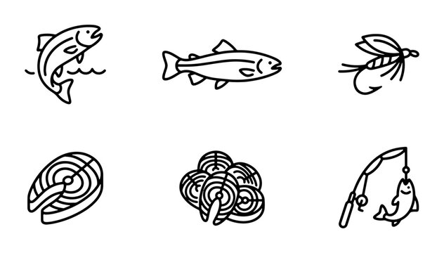 Fishing Icons Set: Salmon, Trout, Fly Fishing, Fish Fillets, Rod & Reel, Vector Graphics