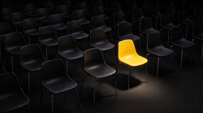 Single yellow chair standing out in rows of black chairs, unique leadership concept in dark auditorium, individuality and being different metaphor