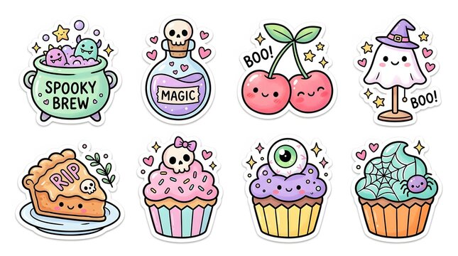 Kawaii halloween stickers spooky brew magic potion and cute monster treats silhouette
