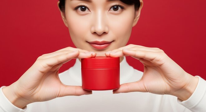 Asian Woman Posing With Red Cream Jar Covering Half Her Face For Skincare Advertisement