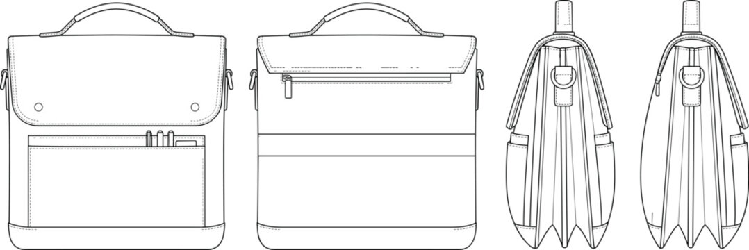 Messenger bag briefcase technical flat sketch showing front back and side views fashion accessory design template