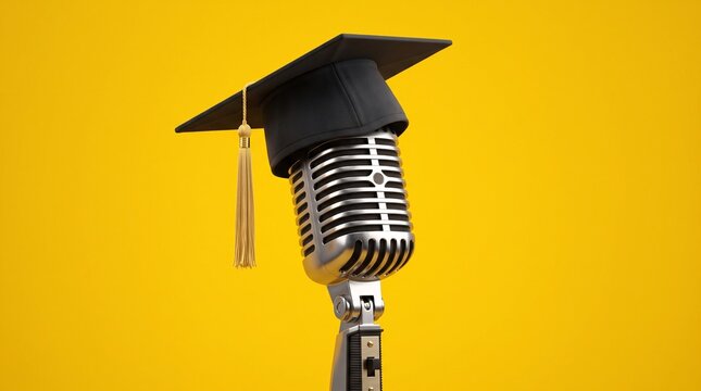 A vintage silver professional microphone wearing a black graduation cap symbolizing academic podcasting excellence on a vibrant yellow background