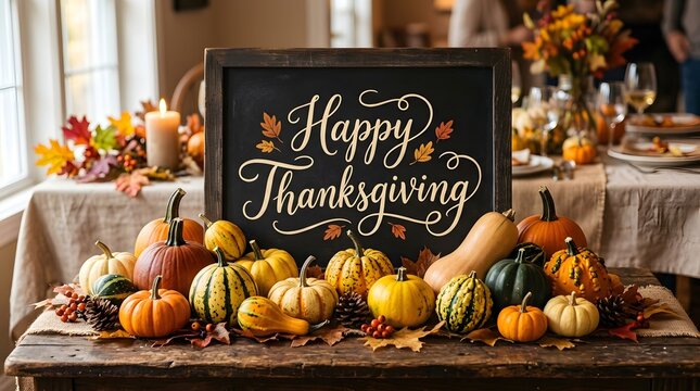 Happy Thanksgiving dinner celebration with autumn harvest feast. Vibrant fall table setting featuring pumpkins, gourds, and seasonal decor for fest...