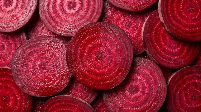Vibrant cross sections of freshly sliced red beetroot displaying organic concentric rings in a high contrast macro food photography composition
