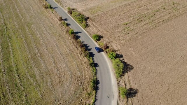 Car Traveling on Asphalt Road Crossing Cultivated Farmland Drone Shot. Drone View Car Driving on Road Through Cultivated Fields.