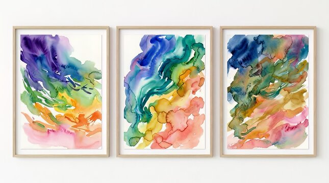 Three vertical wooden frames displaying vibrant abstract watercolor paintings with fluid rainbow gradients and soft organic shapes on a clean white gallery wall for modern decor