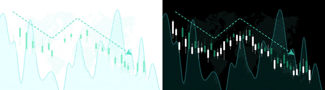 Teal candlestick stock market chart shows global trading data with downtrend arrow featuring PNG, Transparent and Black Background Versions for design