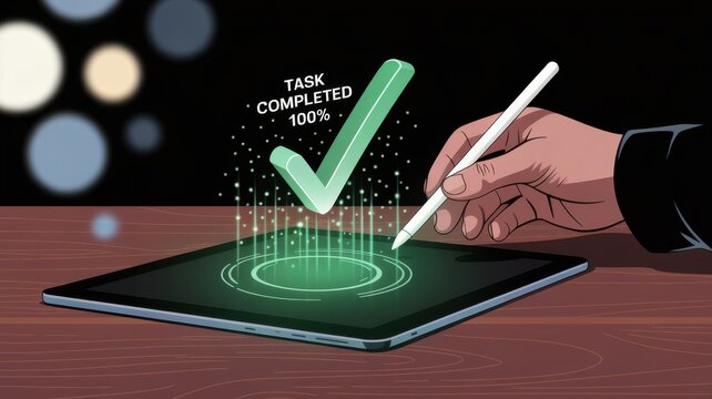 Hand Completing Task on Digital Tablet with 100 Percent Success Checkmark