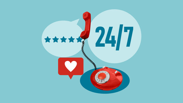 Twenty Four Hour Customer Support Concept Featuring Around the Clock Assistance, Call Center Service, Technical Help, Client Communication, Customer Satisfaction and Continuous Business Support