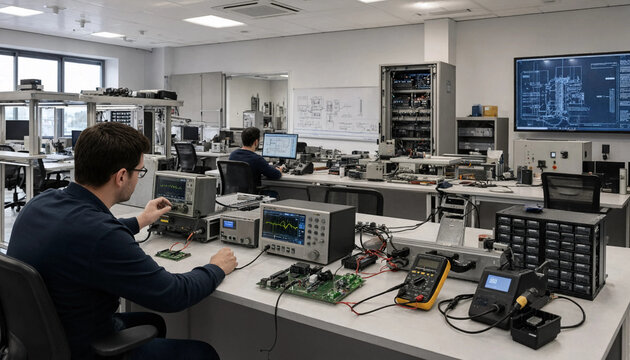 Electronics engineer working on circuit board assembly in a modern research and development technology laboratory with engineer electronics laboratory research development technology