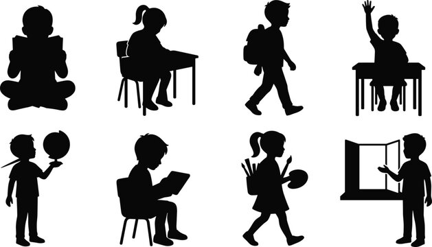 Vector silhouette set of school children reading studying presenting and learning in classroom for education design