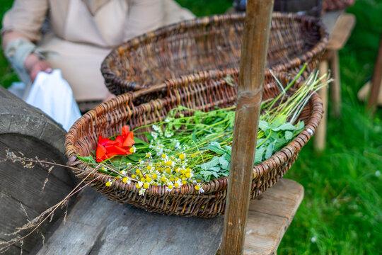 Close-up of a wicker basket filled with freshly picked chamomile flowers, green herbs, and red poppy petals, placed on a wooden bench next to a wooden barrel in an outdoor setting.