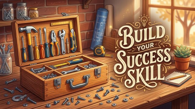 Handyman's toolbox with tools and fasteners on a wooden table, inspiring quote 'Build Your Success Skill' and plant on windowsill