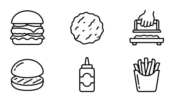 Burger Icons Set, Fast Food Vector Graphics, Delicious Meal Elements, Restaurant Menu Symbols