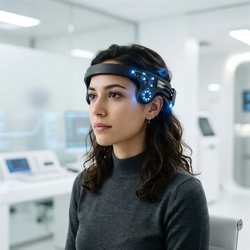 Woman with futuristic brain-computer interface headset, glowing blue lights, science lab
