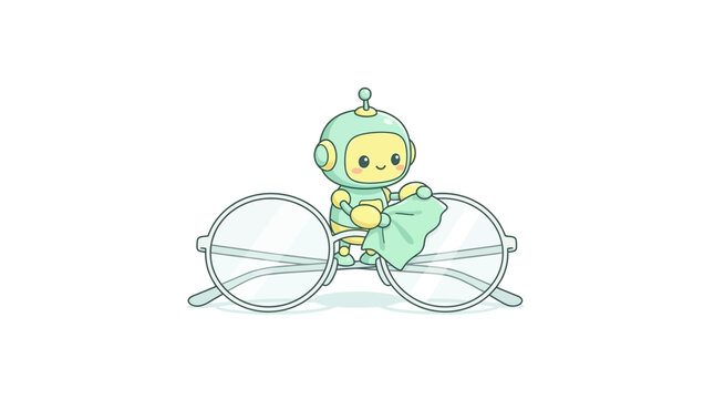 Cute small robot assistant polishing round eyeglasses with a green cleaning cloth on a plain white background, minimalist digital illustration of a service droid.
