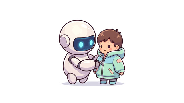 Cute white chibi robot assisting a young boy by zipping up his light green and blue hooded jacket. Minimalist 2D cartoon illustration isolated on a plain white background.