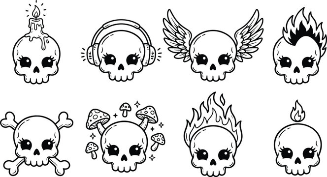 Playful skull character vector illustration collection featuring candle, headphones, wings, flames, mushrooms and whimsical decorative design elements