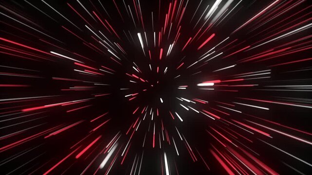 Looped 3D animation of abstract red white neon hyperspace tunnel with glowing light beams. Seamless warp speed background for futuristic sci-fi intros, gaming visuals and technology presentations