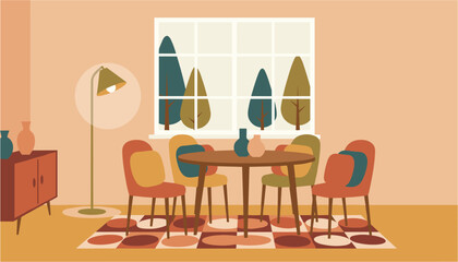 Obraz premium Mid-century modern dining room with geometric rug and abstract trees viewed through window