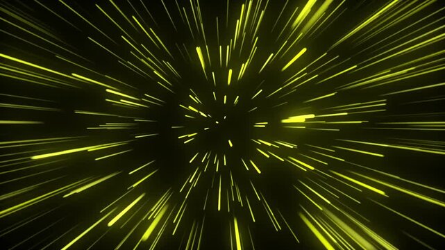Looped 3D animation of abstract yellow neon speed tunnel with radiant light streaks. Seamless futuristic hyperspace background for sci-fi videos, gaming intros and digital motion graphics