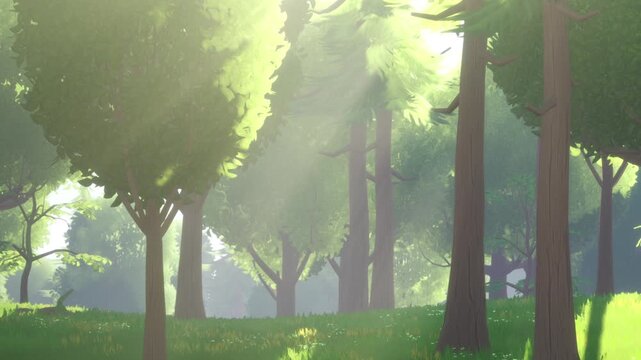 Light shines through tree branches in a lush forest. Green grass covers the ground as tall trees stand firm. The scene shows the natural beauty of a forest at sunset.
