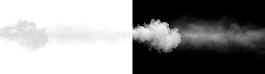 White smoke cloud drifting horizontally with soft wispy trails fading naturally on a black background for atmospheric designs with PNG, Transparent and Black Background Versions © Crafter