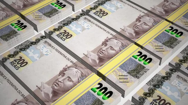 Stacks of 200 BRL or Two Hundred Brazil real banknotes or currency. Neat Rows of Brazilian 200 real Bank note in 3D Motion. 4k Animation.