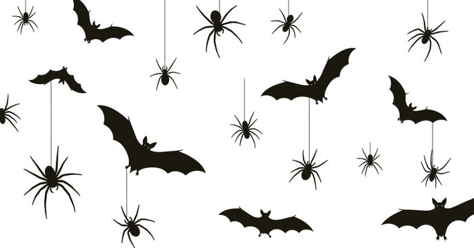 Halloween background with black flying bats and hanging spiders silhouettes