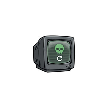 Of A Vintage Crt Monitor Displaying A Green Skull Icon And Circular Arrow Game Over Symbol, In A Playful Cartoon Style For Technology And Gaming Themes Vector Illustration