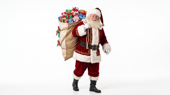 Santa claus with a full sack of christmas gifts holiday season concept
