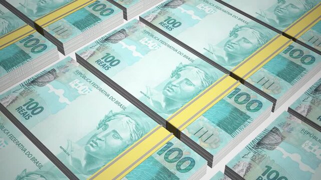 Stacks of 100 BRL or One Hundred Brazil real banknotes or currency. Neat Rows of Brazilian 100 real Bank note in 3D Motion. 4k Animation.