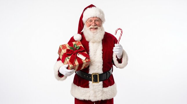 Joyful santa claus with christmas gift and candy cane holiday season greetings