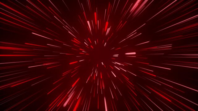 Looped 3D animation of abstract red neon speed tunnel with glowing light streaks. Seamless warp background featuring radiant energy beams for futuristic sci-fi intros, gaming visuals and motion graphi