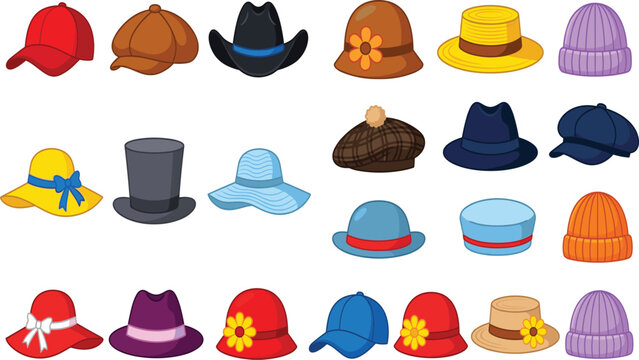 Colorful Hat Collection &mdash; Cap, Beanie & Fedora Vector Illustrations