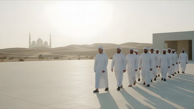 Middle Eastern men in white kandura walking in desert, group of Arab businessmen, mosque in sand dunes background