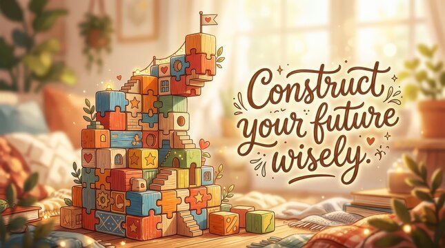 Colorful puzzle block tower symbolizing future building and wise decision making with inspirational quote