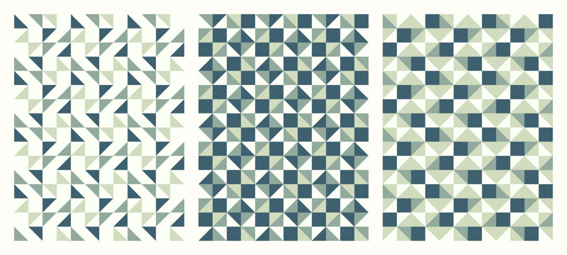 Color tessellation collection, bundle of modern seamless vector patterns, set of 3 patterns in neutral teal colors