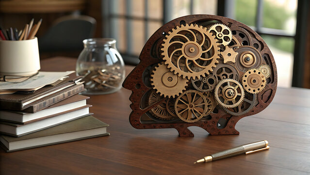 Intricate mechanical brain sculpture on wooden desk. Steampunk-inspired cognitive model with gears and cogs for creative projects.