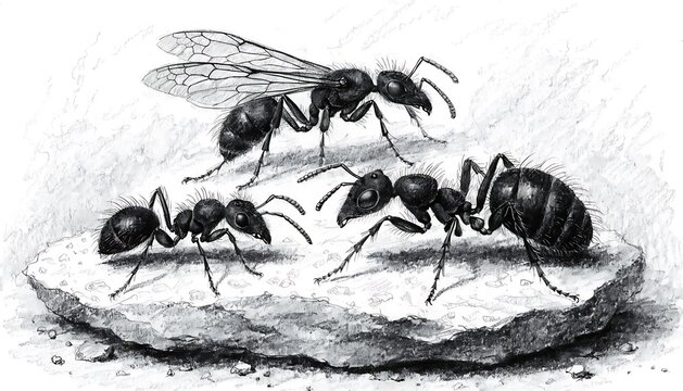 Black ants carrying food on a natural surface