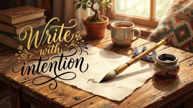 Creative writing setup with calligraphy brush, ink, paper, books, and tea by the window