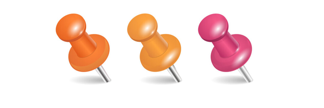 Three colorful push pins on a transparent background PNG