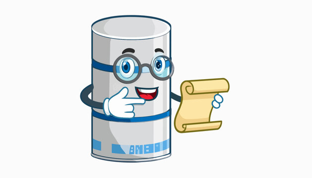 Smart oil drum mascot with glasses reading a parchment scroll