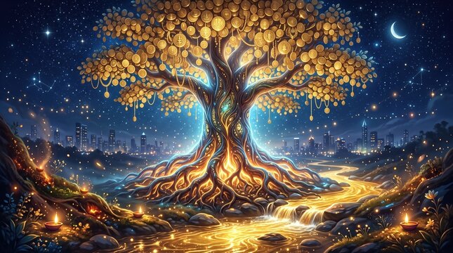 Illustrated golden tree with coin leaves glowing against starry night sky, symbolizing wealth, prosperity, and abundance concept art.