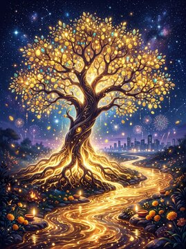 Illustrated golden tree with coin leaves glowing against starry night sky, symbolizing wealth, prosperity, and abundance concept art.