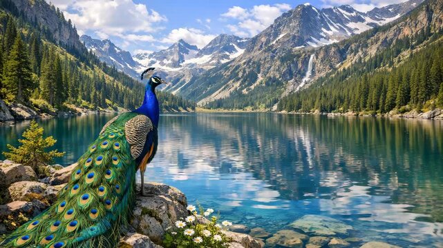 A majestic peacock standing near a tranquil mountain lake.