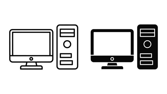 Desktop computer icon set featuring outline and solid black monitor and tower case vector design