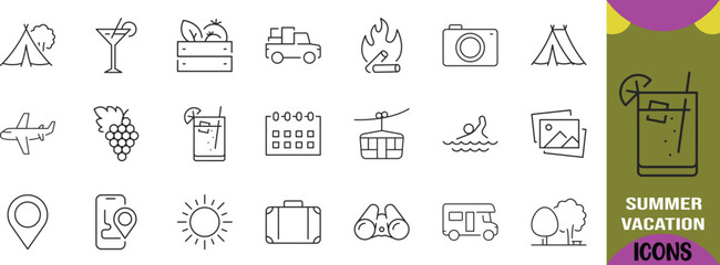 Summer holiday trip line icons. airplane icon set, tent icon set, camera icon set © Jems